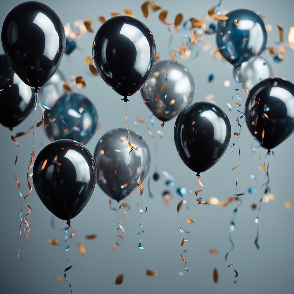 Globos con confeti plateado flotando en un fondo oscuro para fiesta de cumpleanos elegante