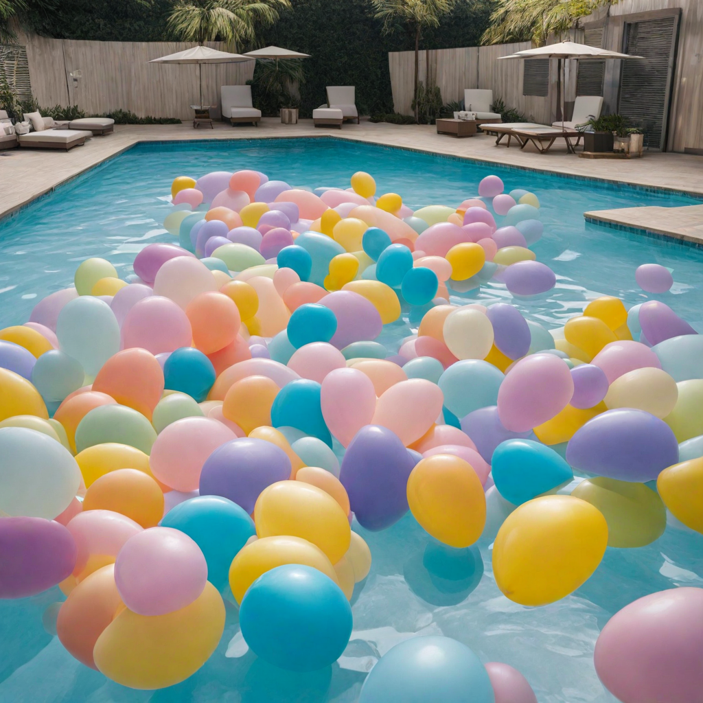 Globos de colores pastel flotando en una piscina creando un ambiente relajante y festivo