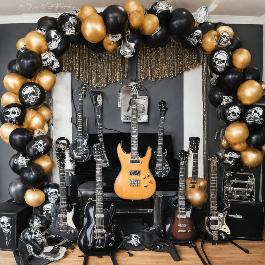 Globos de cumpleanos con tematica rockera para fiesta de hombre guitarras cadenas motores calaveras