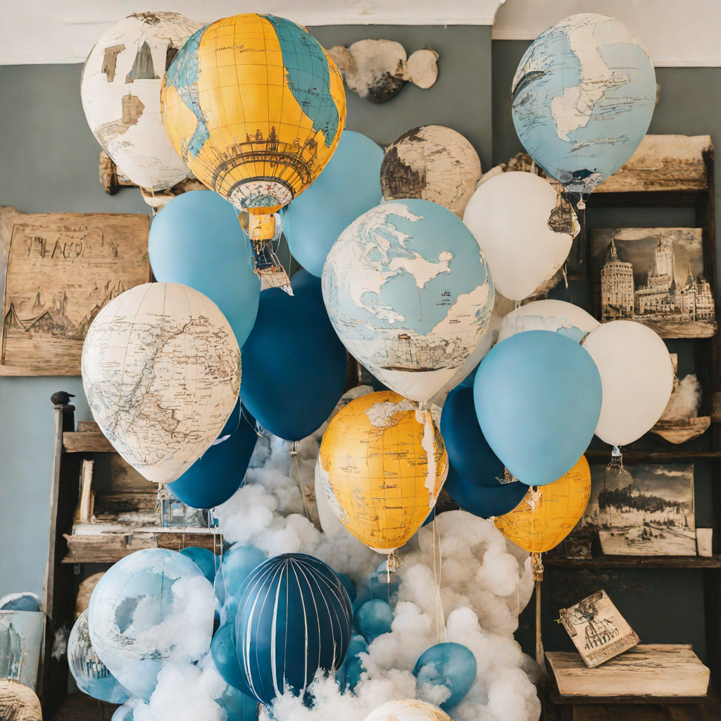 Globos de cumpleanos para fiesta con tematica de viajes y aventuras