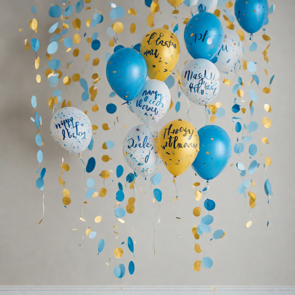 Globos de helio con mensajes de cumpleanos escritos a mano. para fiesta de cumpleanos de nino confetti azul