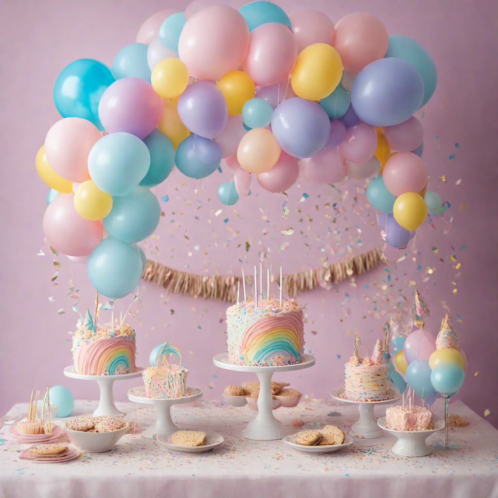 Un arreglo de globos de colores pastel que da vida a una fiesta tematica de unicornios. para fiesta de cumpleanos de nina confetti