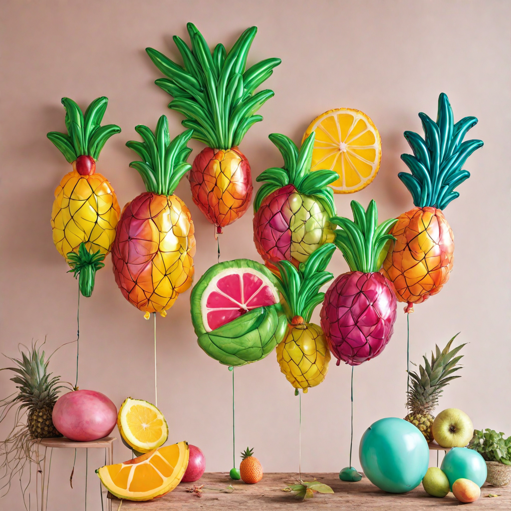 Un grupo de globos de helio en forma de frutas tropicales perfectos para una fiesta veraniega