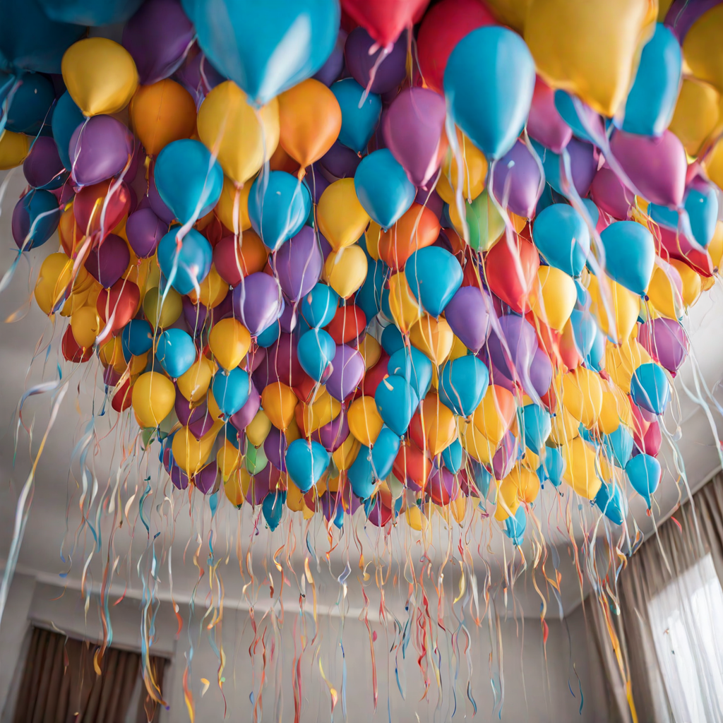 Un grupo de globos multicolores flotando en el techo en una fiesta de cumpleanos agregando un toque vibrante a la celebracion de cumpleanos