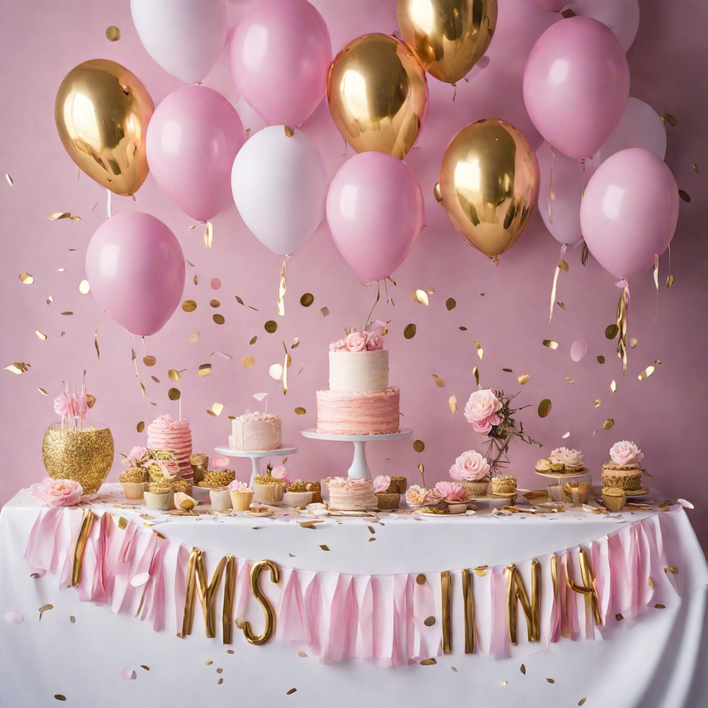 Un grupo de globos rosas con confeti dorado flotando en el aire para fiesta de cumpleanos de nina confetti