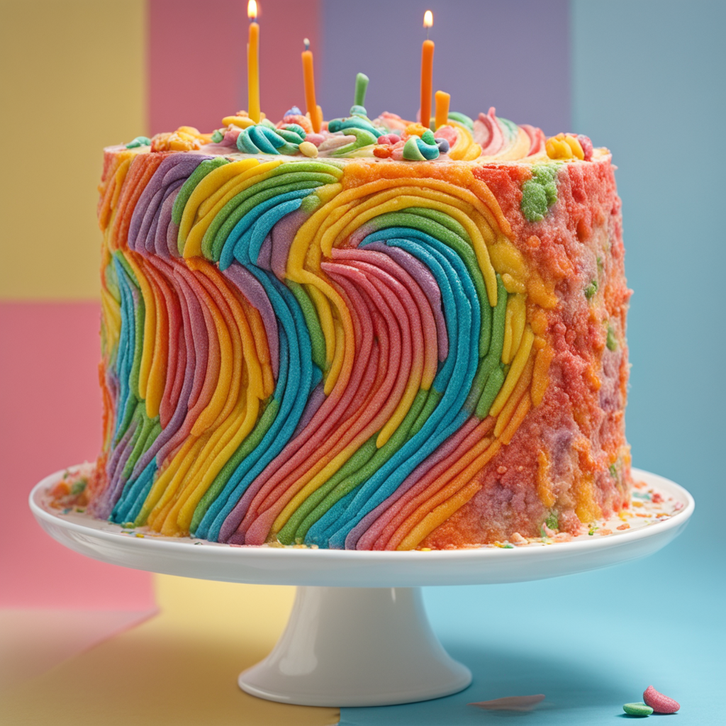 Un pastel de arcoiris con capas de colores vivos