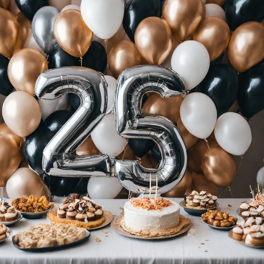 foto de globos en forma de numero 25 plateados en una fiesta de cuempleanos de hombre