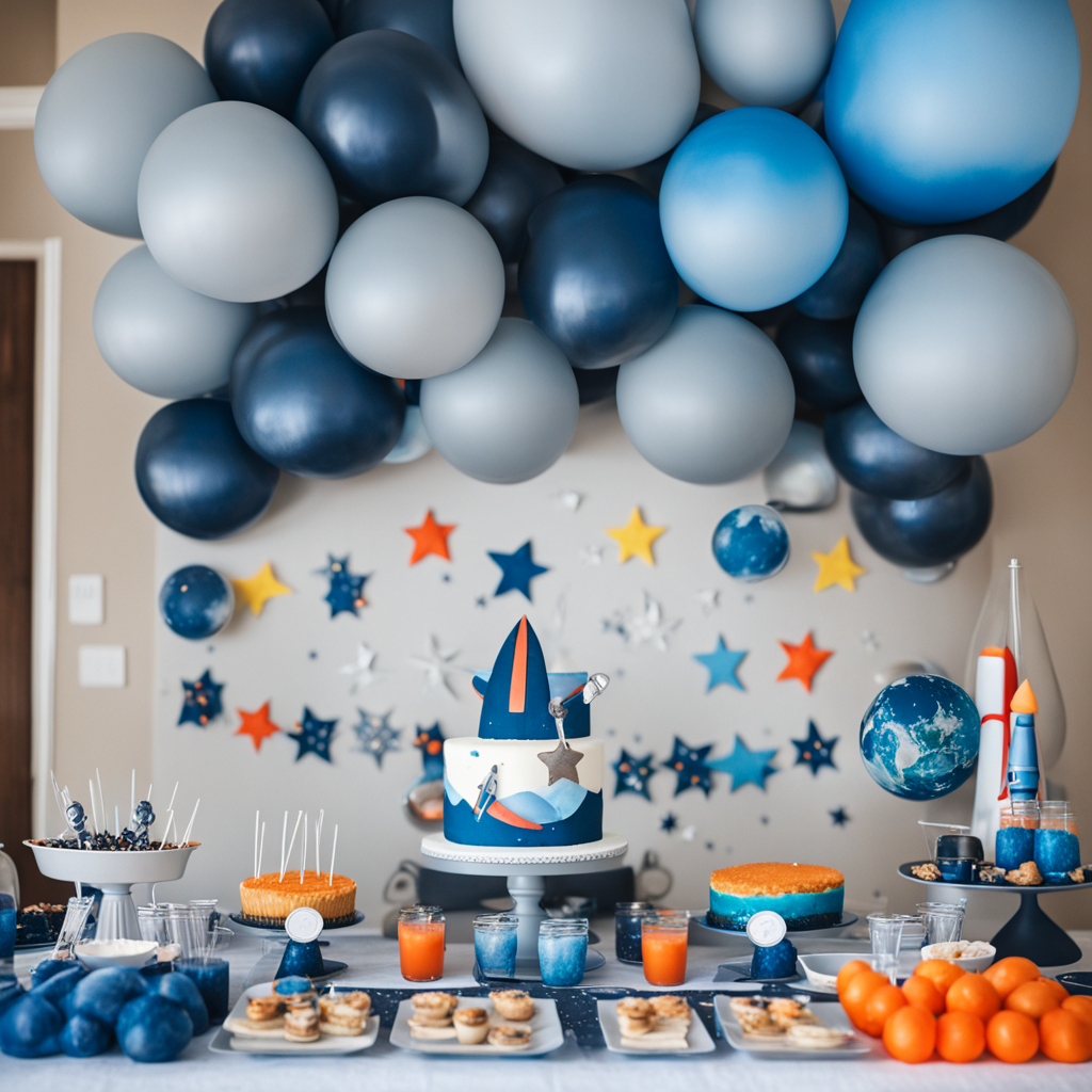 una fiesta de cumpleaños tema del espacio, para niño, globos espaciales